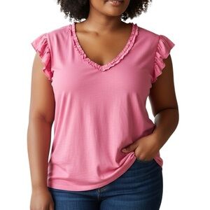 GRACE + KARMA | NEW Womens Pink Ruffle V-Neck Flutter Sleeve Top size XL Boho